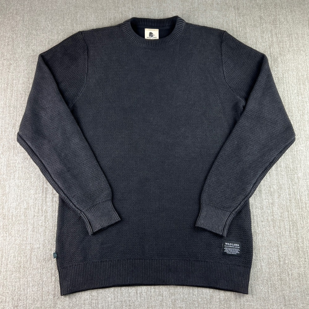 Wild Lama Crewneck Sweater Mens Small Black Organic Cotton Textured Waffle Knit